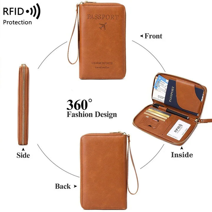 Brown leather RFID protection travel wallet shown from front, back, side, and inside with passport and card slots