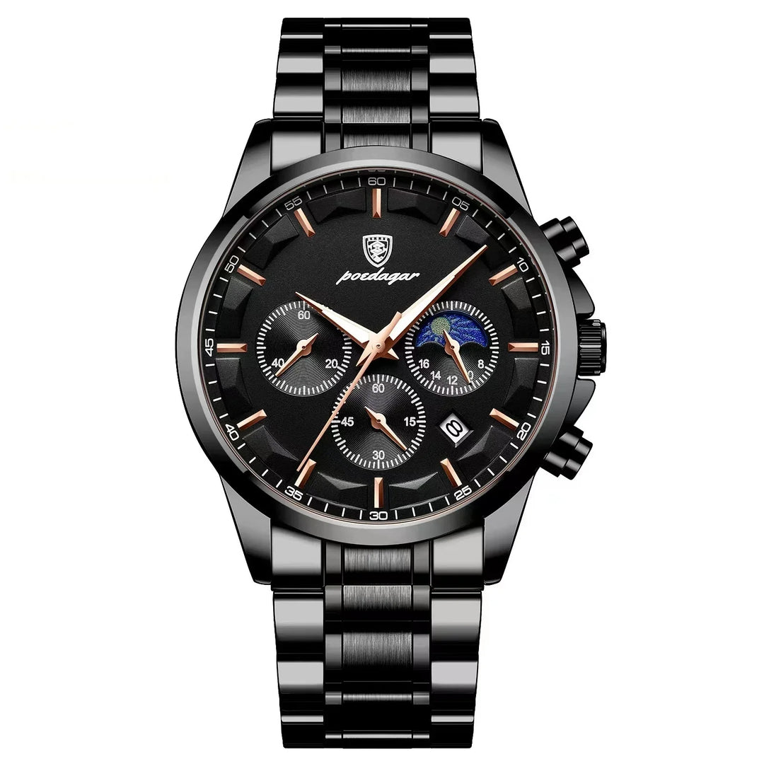 Black Poedagar men's smartwatch with rose gold hands, chronograph dials, date display, and metal link bracelet