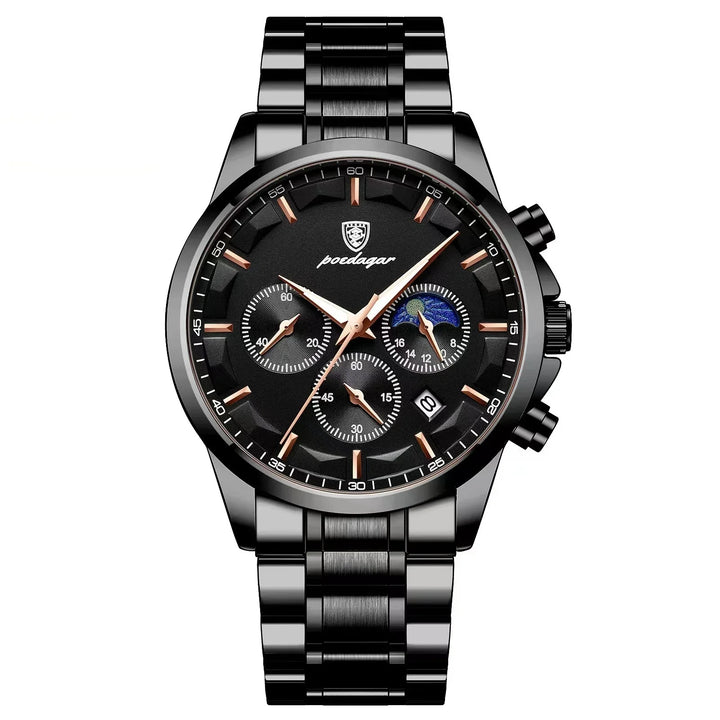 Black Poedagar men's smartwatch with rose gold hands, chronograph dials, date display, and metal link bracelet