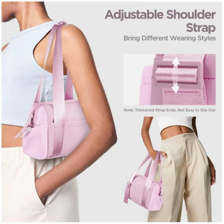 Woman carrying a light purple adjustable strap shoulder bag with thickened ends, wearing casual crop top and beige pants