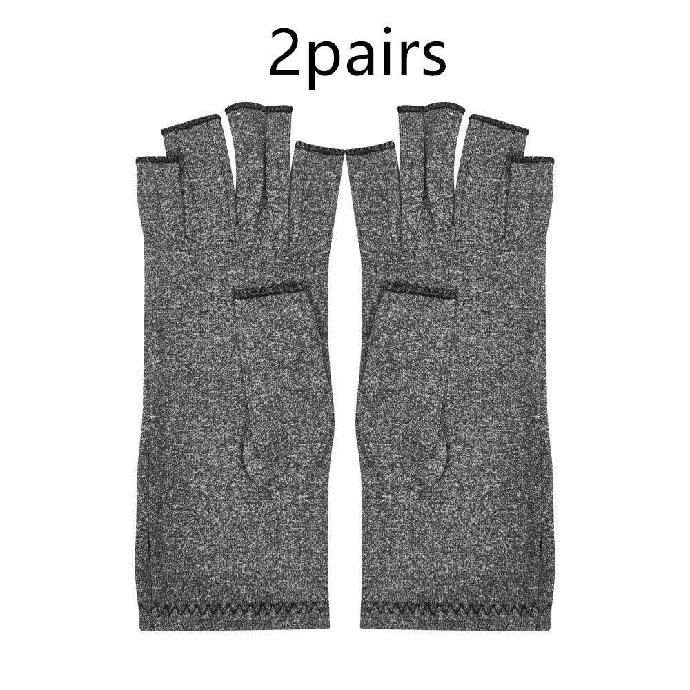 Two pairs of gray fingerless gloves with textured knit fabric against white background