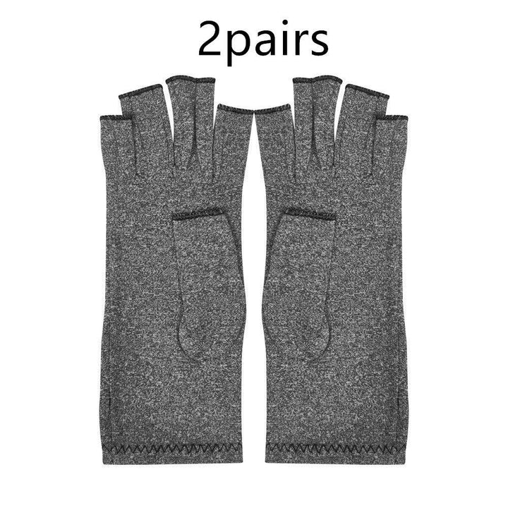 Two pairs of gray fingerless gloves with textured knit fabric against white background