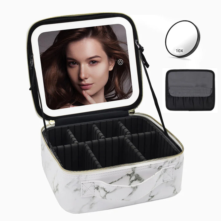 white marble makeup organizer with LED lighted mirror, adjustable compartments, and 10x magnifying mirror