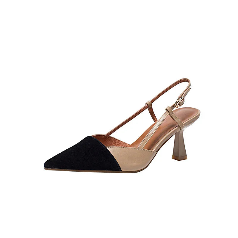 Beige and black pointed toe slingback high heel shoe with buckle strap on white background