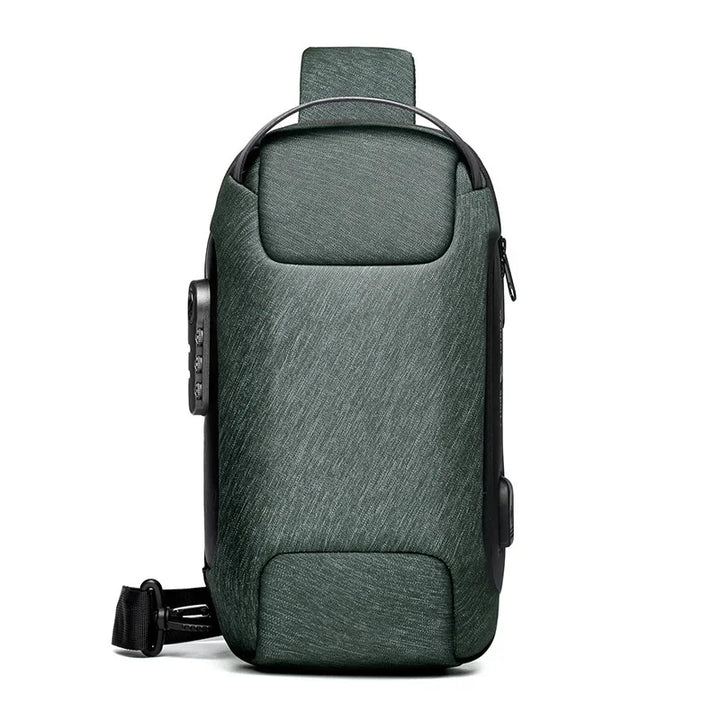 modern dark green anti-theft backpack with combination lock and durable fabric