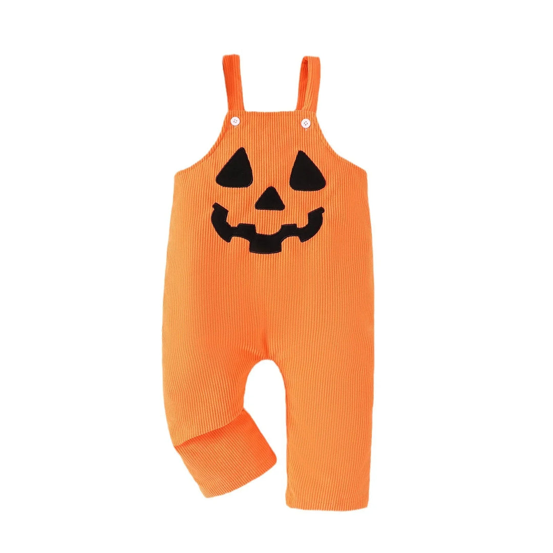 Orange baby romper with Jack-o'-lantern face design, Halloween costume overalls