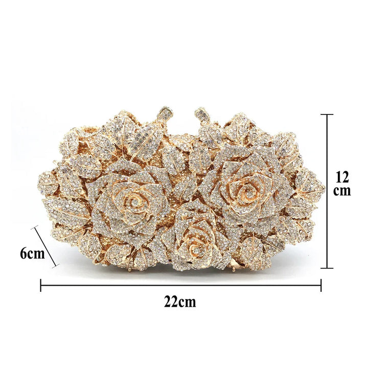 Gold floral clutch handbag adorned with rhinestone crystals, measuring 22x12x6 cm