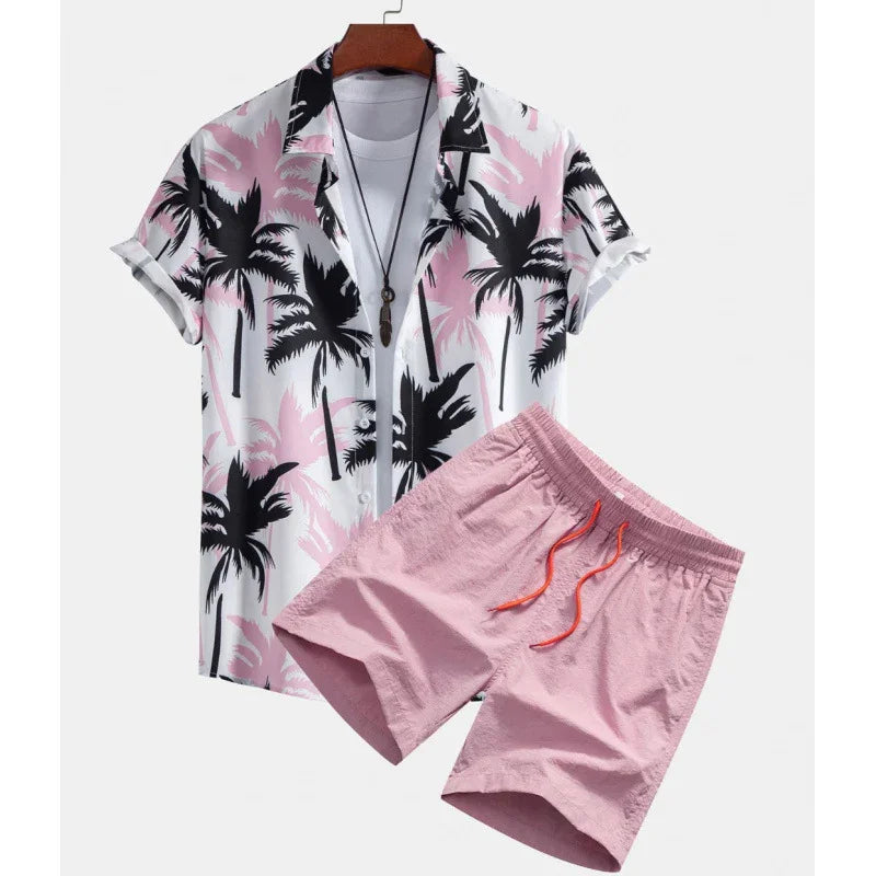 Men's summer outfit with pink and black palm tree print short sleeve shirt and pink drawstring shorts