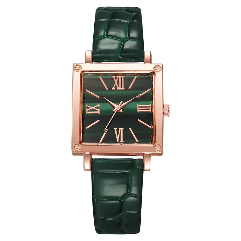 Square rose gold watch with green malachite dial and dark green crocodile leather strap