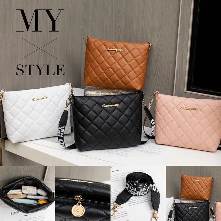 Quilted crossbody bags in brown, black, white, and pink with detachable straps and gold logos