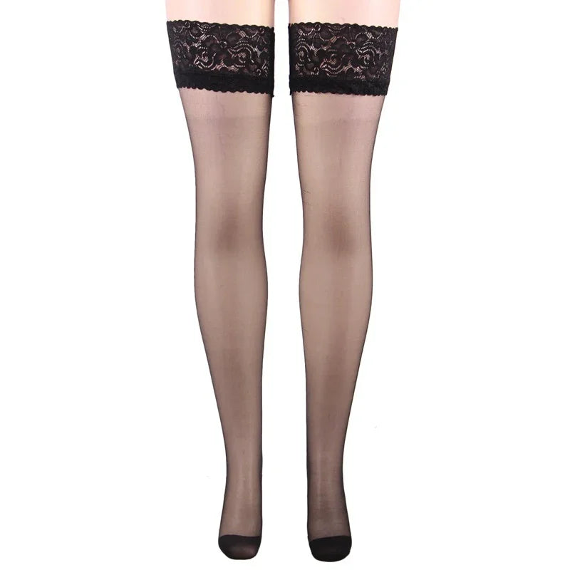 Black sheer thigh-high stockings with lace tops on white background