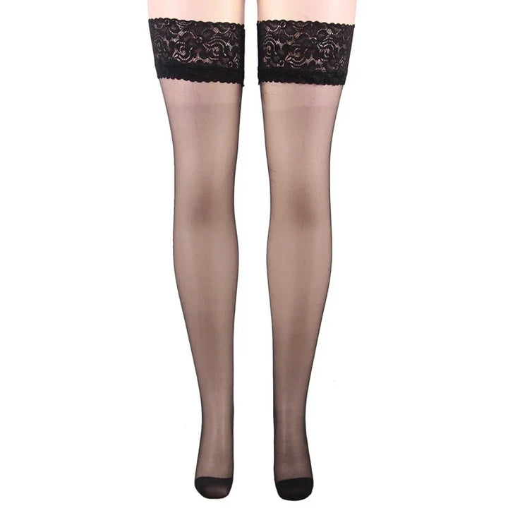 Black sheer thigh-high stockings with lace tops on white background