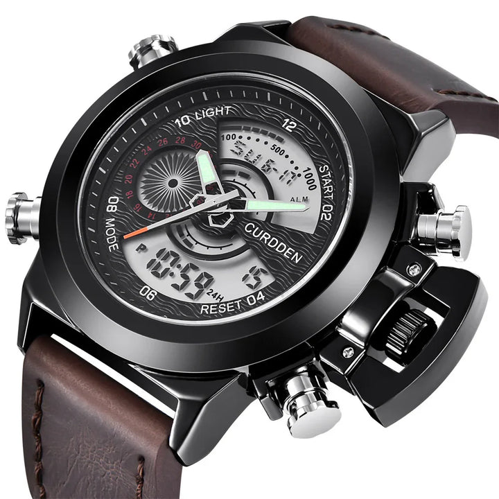 Black analog-digital wristwatch with luminous hands, brown leather strap, and multifunctional display