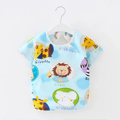 Light blue baby bib with cute lion, giraffe, elephant, and zebra animal prints and names