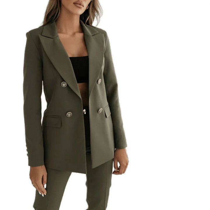 woman wearing stylish olive green double-breasted blazer and matching pants with black crop top