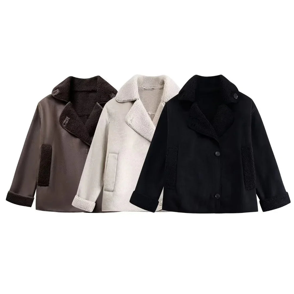 Three shearling-lined winter coats in brown, beige, and black with button closures and front pockets