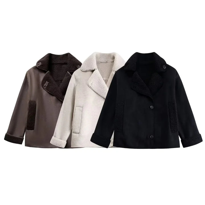 Three shearling-lined winter coats in brown, beige, and black with button closures and front pockets