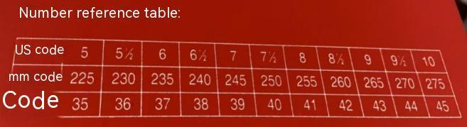 Red number reference table showing US shoe sizes, mm codes, and corresponding code numbers
