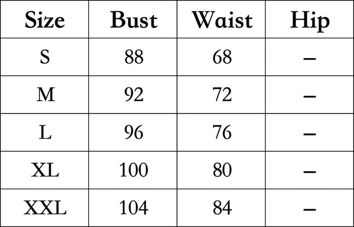 Clothing size chart showing bust and waist measurements for sizes S to XXL, hip measurements not included.