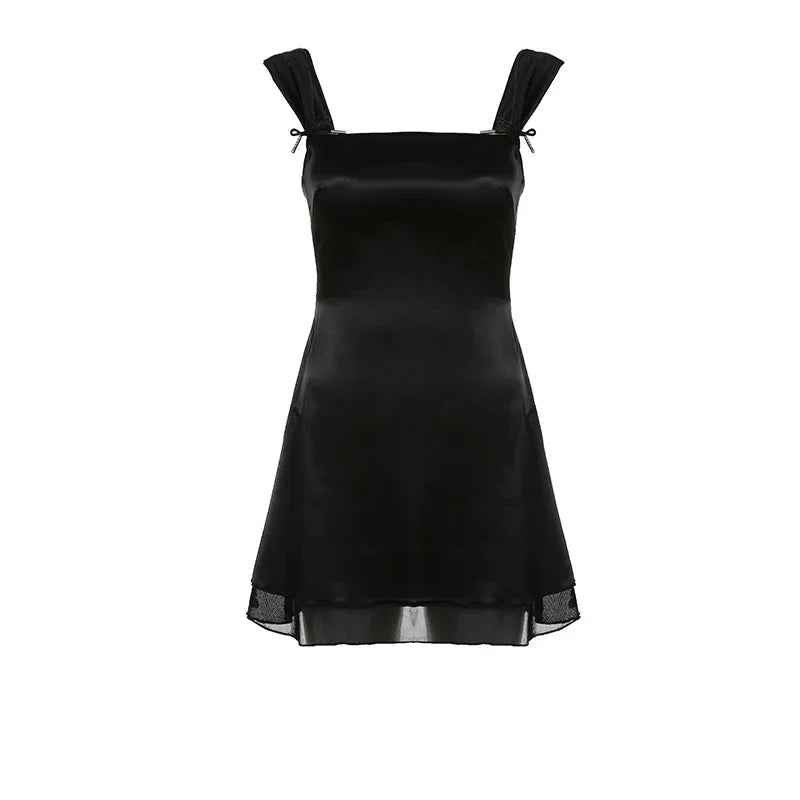 Black satin mini dress with wide shoulder straps and mesh hem detail