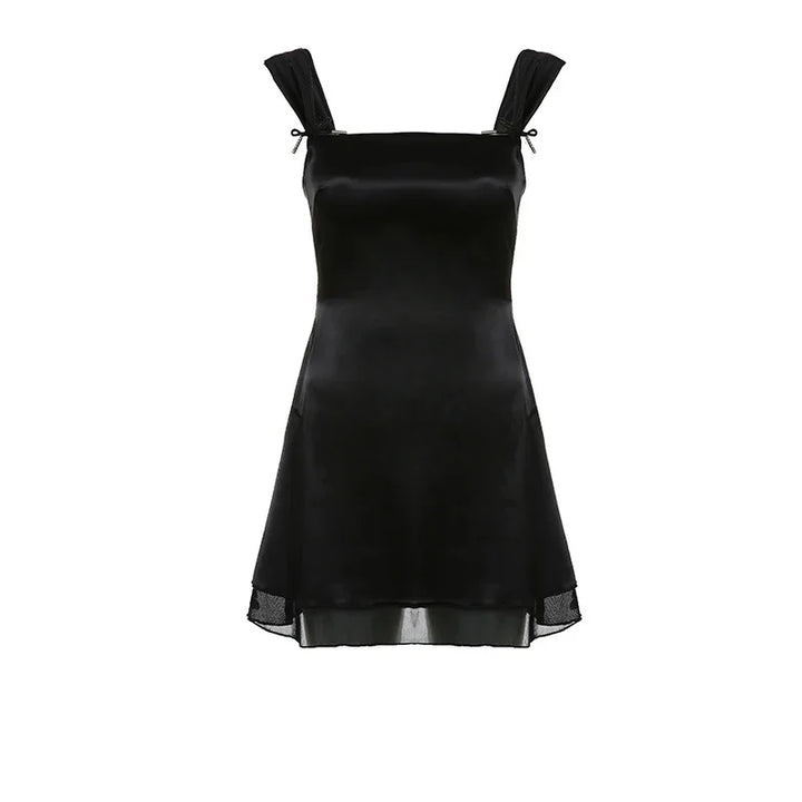 Black satin mini dress with wide shoulder straps and mesh hem detail