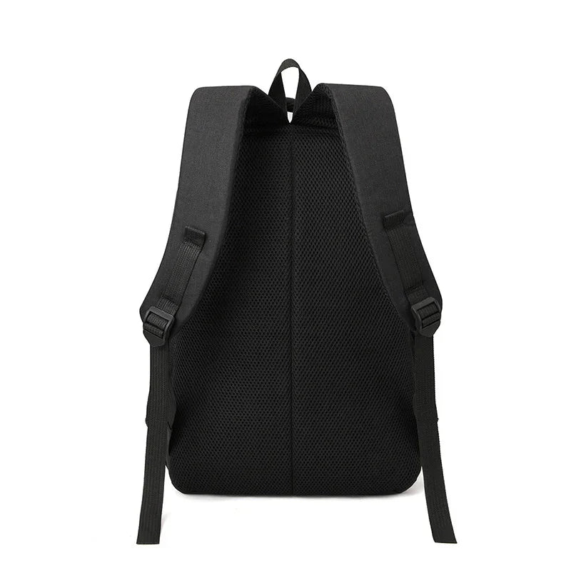 Back view of black breathable mesh padded backpack with adjustable straps and top handle