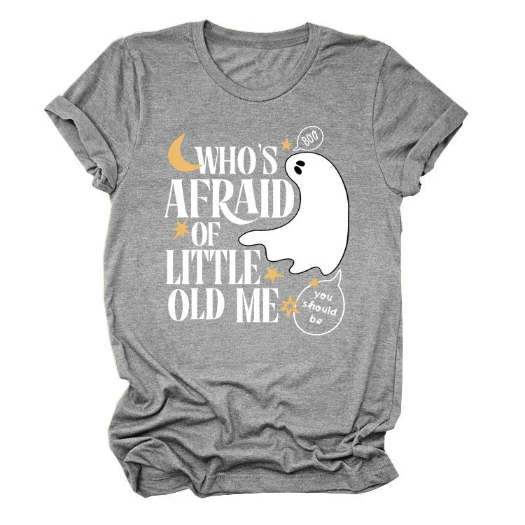 Gray t-shirt with white ghost and Halloween text Who's afraid of little old me with stars and moon design