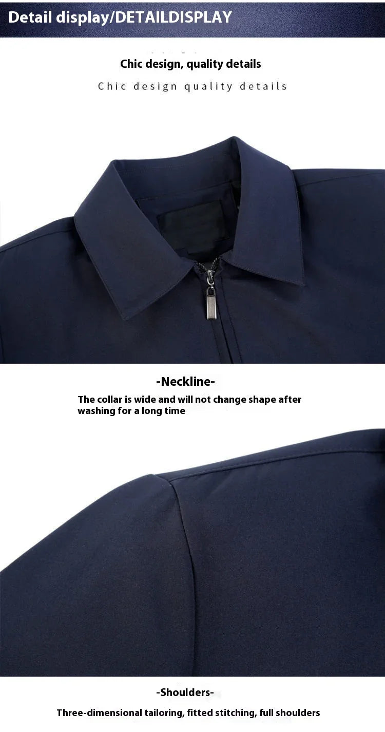 Close-up of navy blue jacket collar and shoulder with zipper, showcasing wide collar and tailored stitching