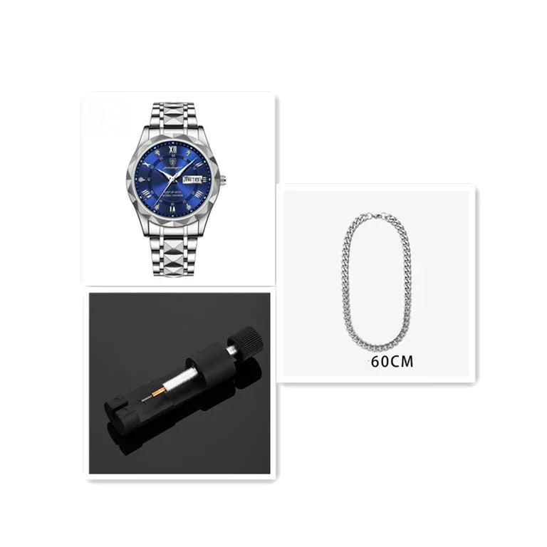 Silver wristwatch with blue dial, black watch repair tool, silver chain necklace 60cm