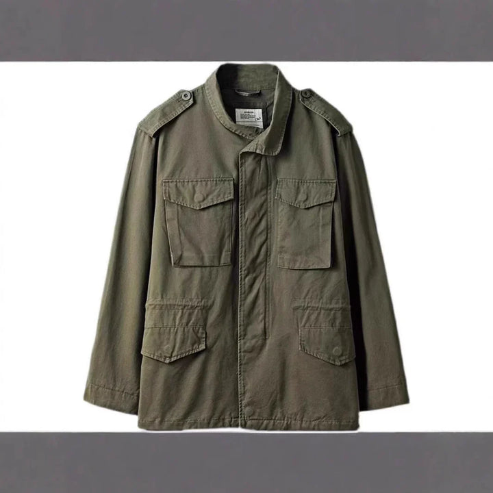 olive green military-style jacket with button shoulder epaulets and four front pockets