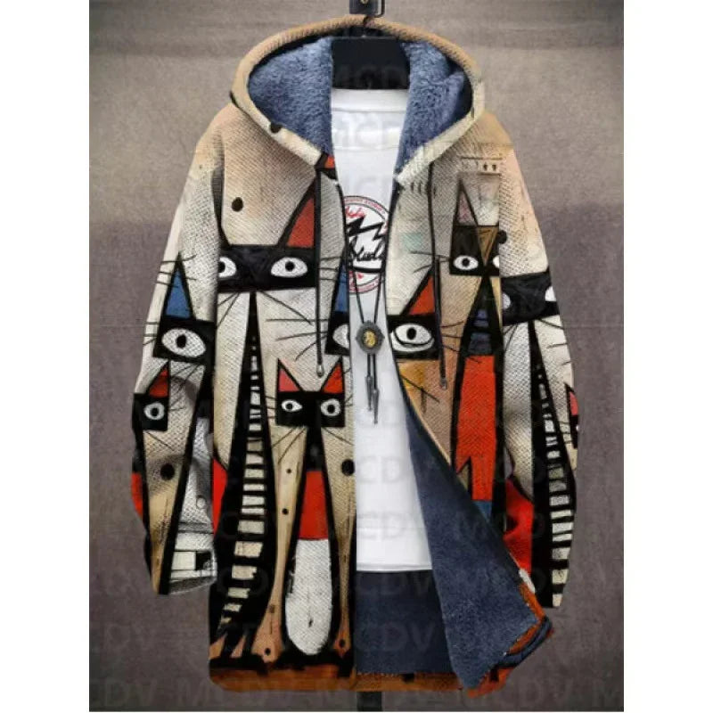 Hooded fleece jacket with colorful abstract cat design in geometric style, soft interior lining