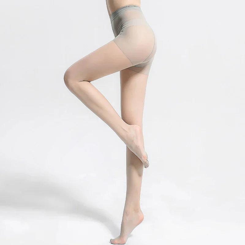 woman wearing sheer beige pantyhose with reinforced high waist and toe on white background