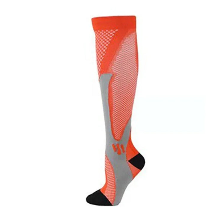 High knee orange and gray compression sock with black toe and heel