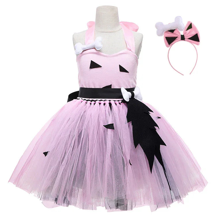 Pink toddler dress with black accents, tutu skirt, bone details, and matching headband