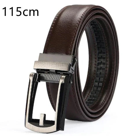 115cm brown leather men's belt with a black metal buckle on white background