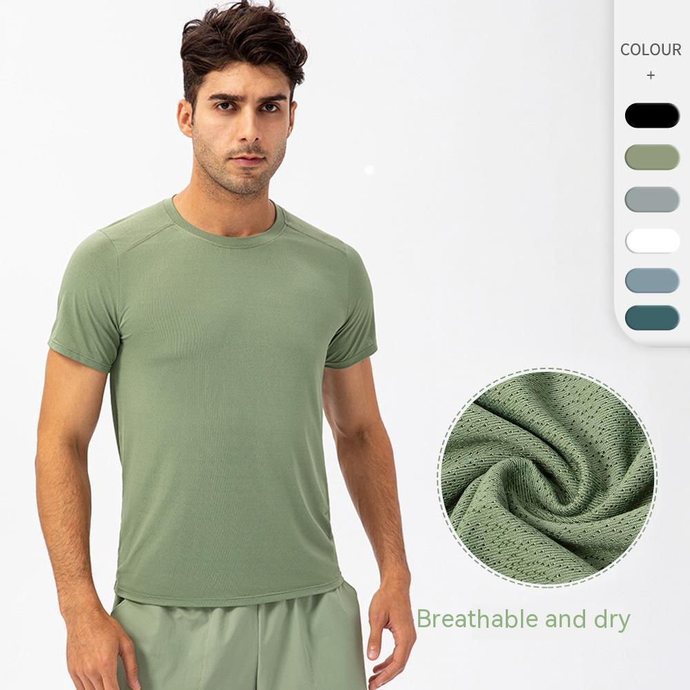 Man wearing light green breathable athletic T-shirt, fabric detail, color options shown