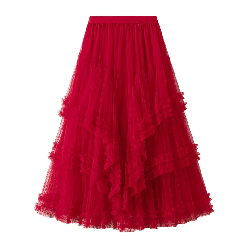 Red layered tulle midi skirt with ruffled details and a fitted waistband