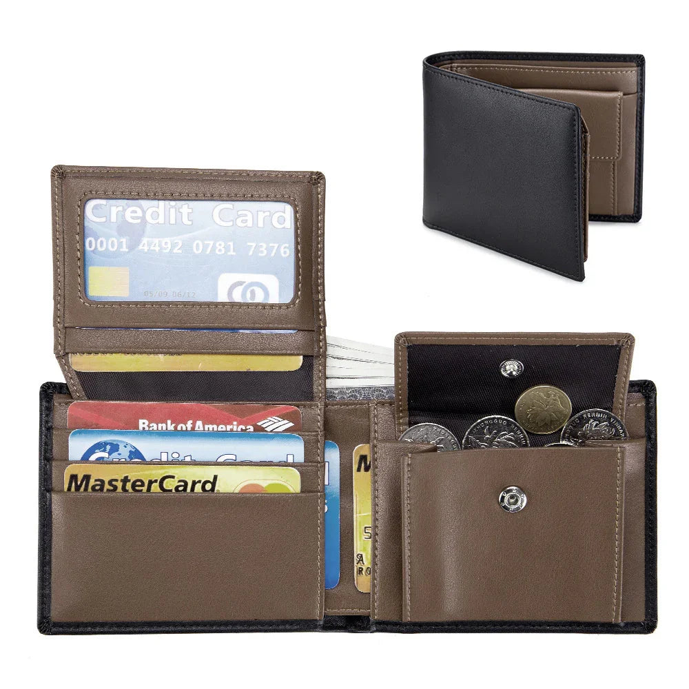 Black and brown leather wallet with multiple credit cards and coins in wallet compartments