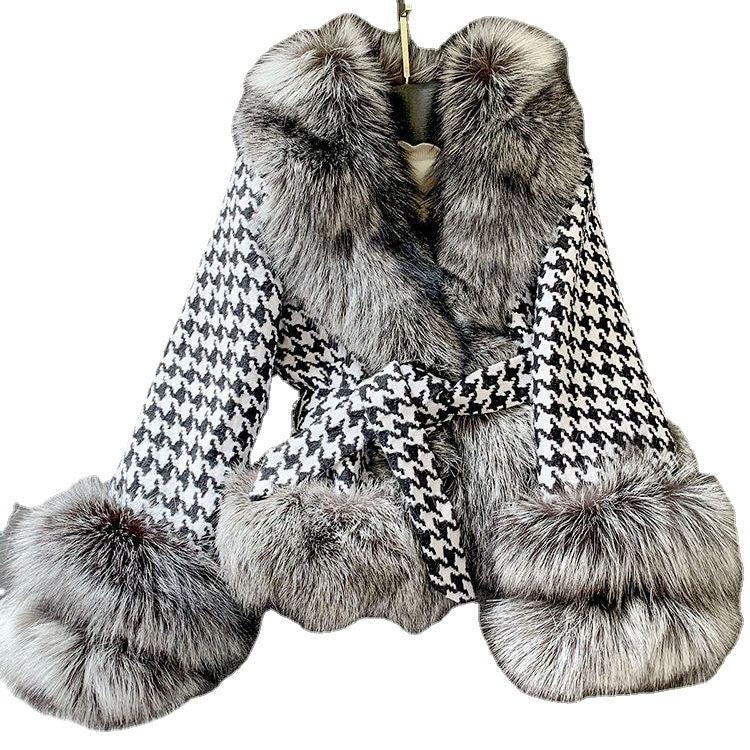 Houndstooth patterned coat with plush grey fur collar and cuffs, featuring a matching belt