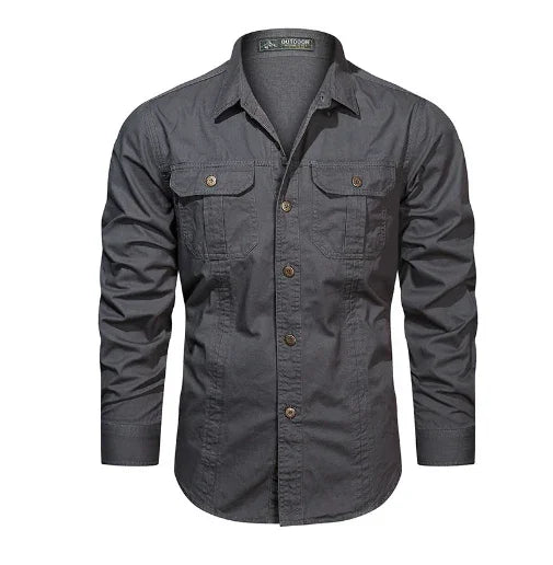 Men's long sleeve dark gray button-up shirt with chest pockets and collar