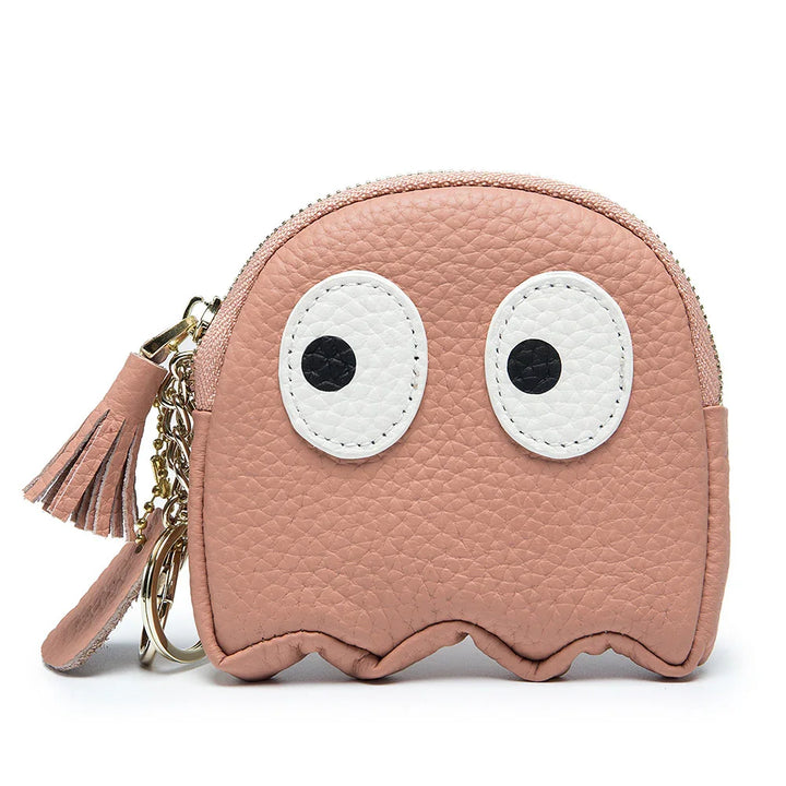 Pink leather coin purse shaped like a ghost with big eyes and tassel keychain