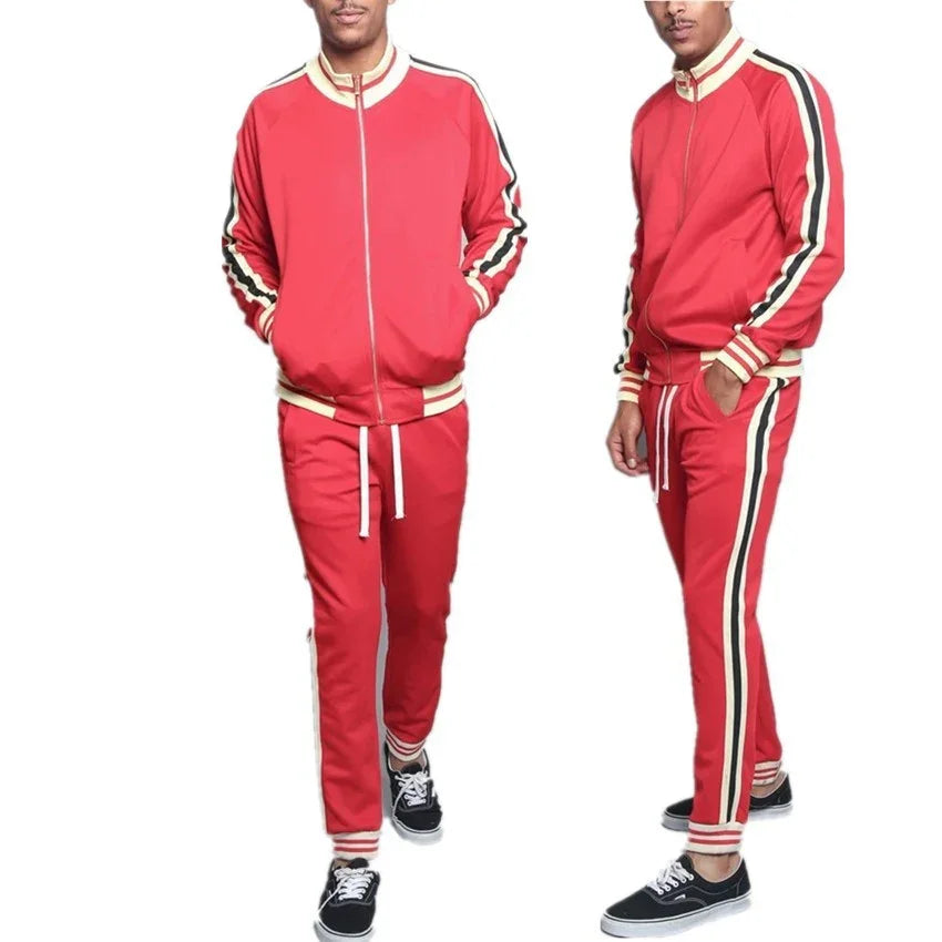 Man wearing red tracksuit with white and black stripes, casual athletic wear