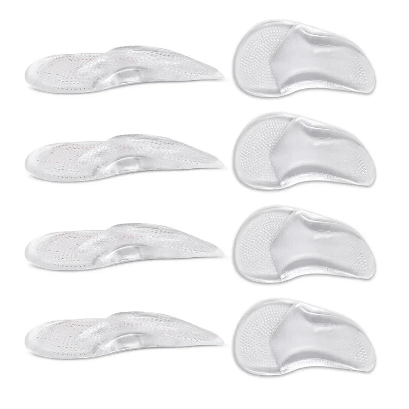 Clear gel shoe insoles with arch support and heel cushioning set on white background
