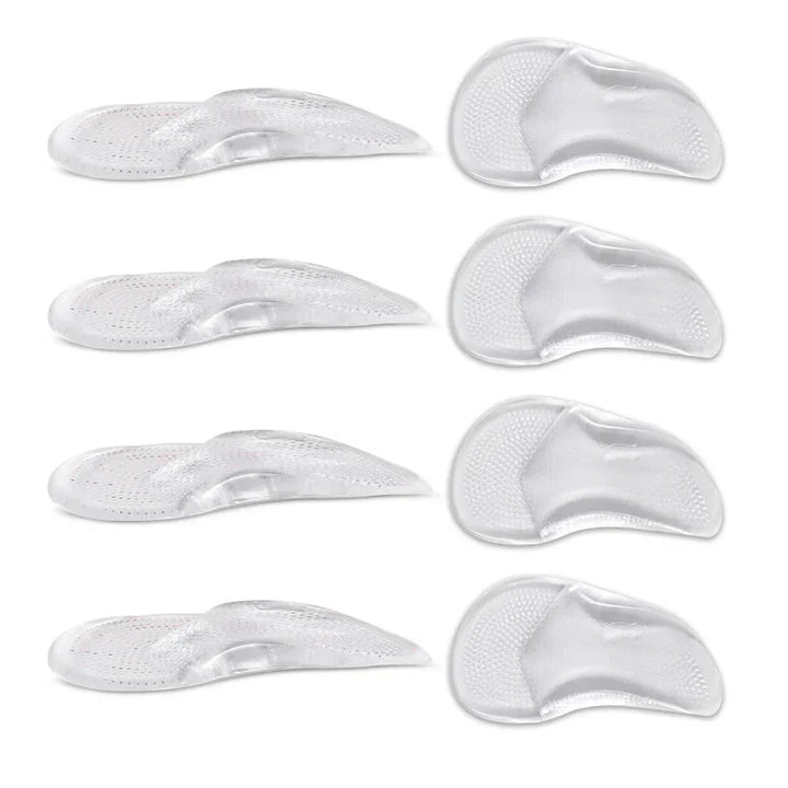 Clear gel shoe insoles with arch support and heel cushioning set on white background