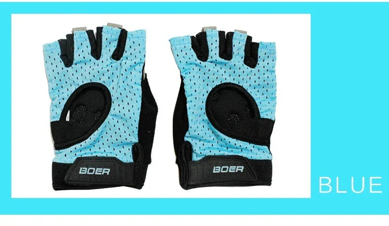 Blue BOER fingerless cycling gloves with black padding on a white and blue background