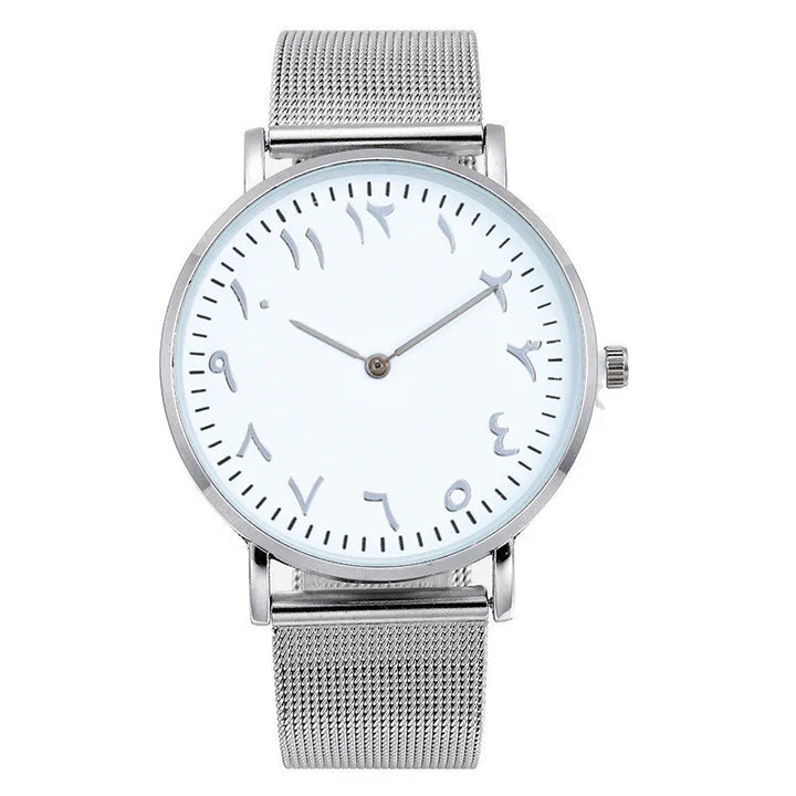 Silver wristwatch with mesh band and white dial featuring Arabic numerals
