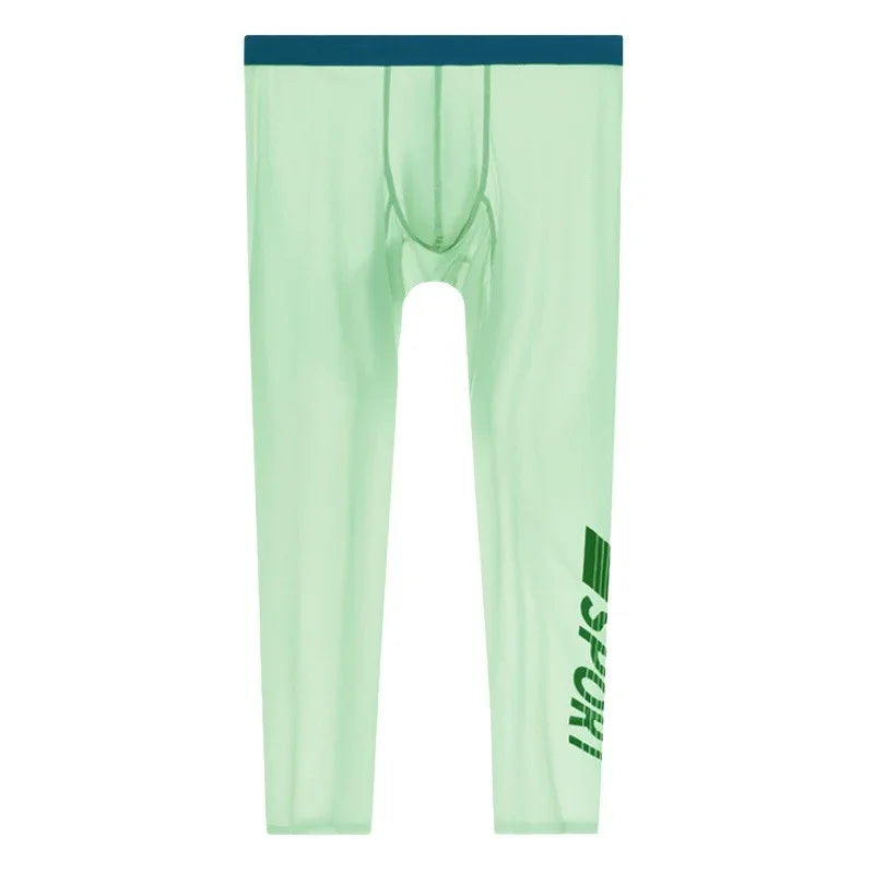 Light green men’s compression leggings with dark waistband and vertical green Sport text