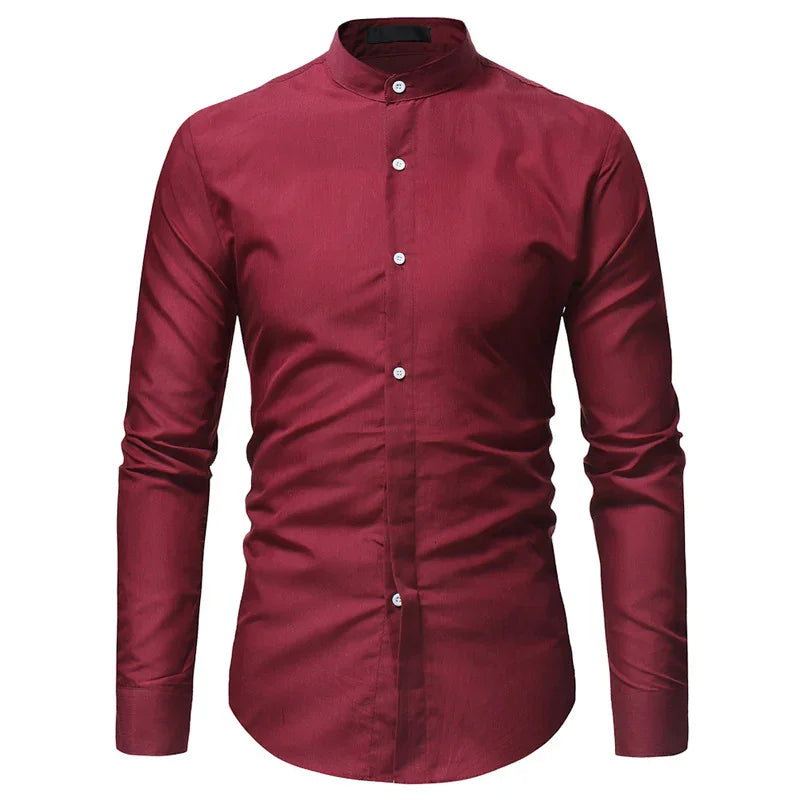 Men's slim fit burgundy mandarin collar dress shirt with white buttons, long sleeves