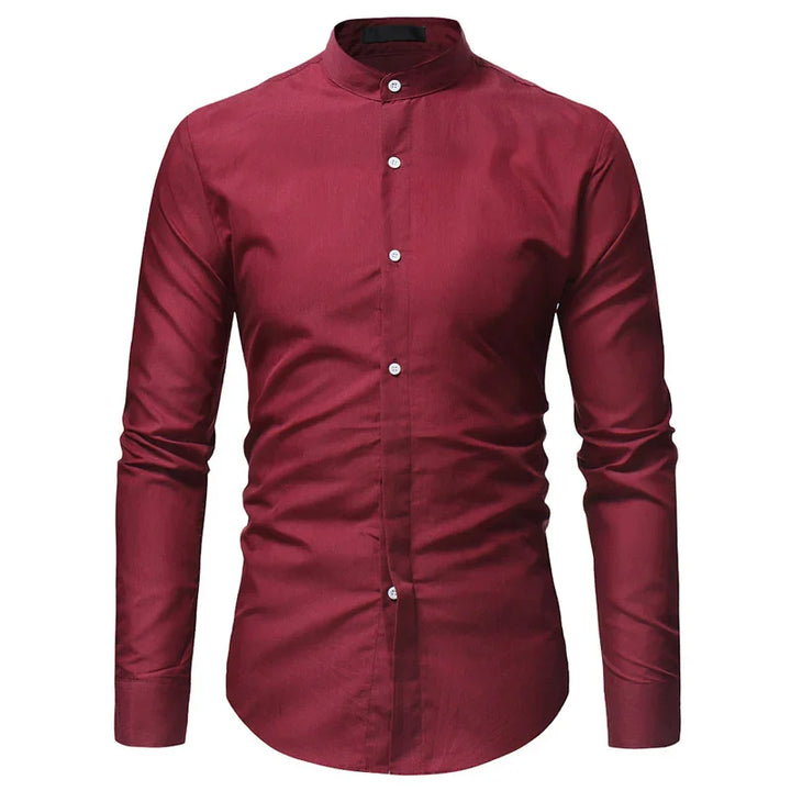 Men's slim fit burgundy mandarin collar dress shirt with white buttons, long sleeves