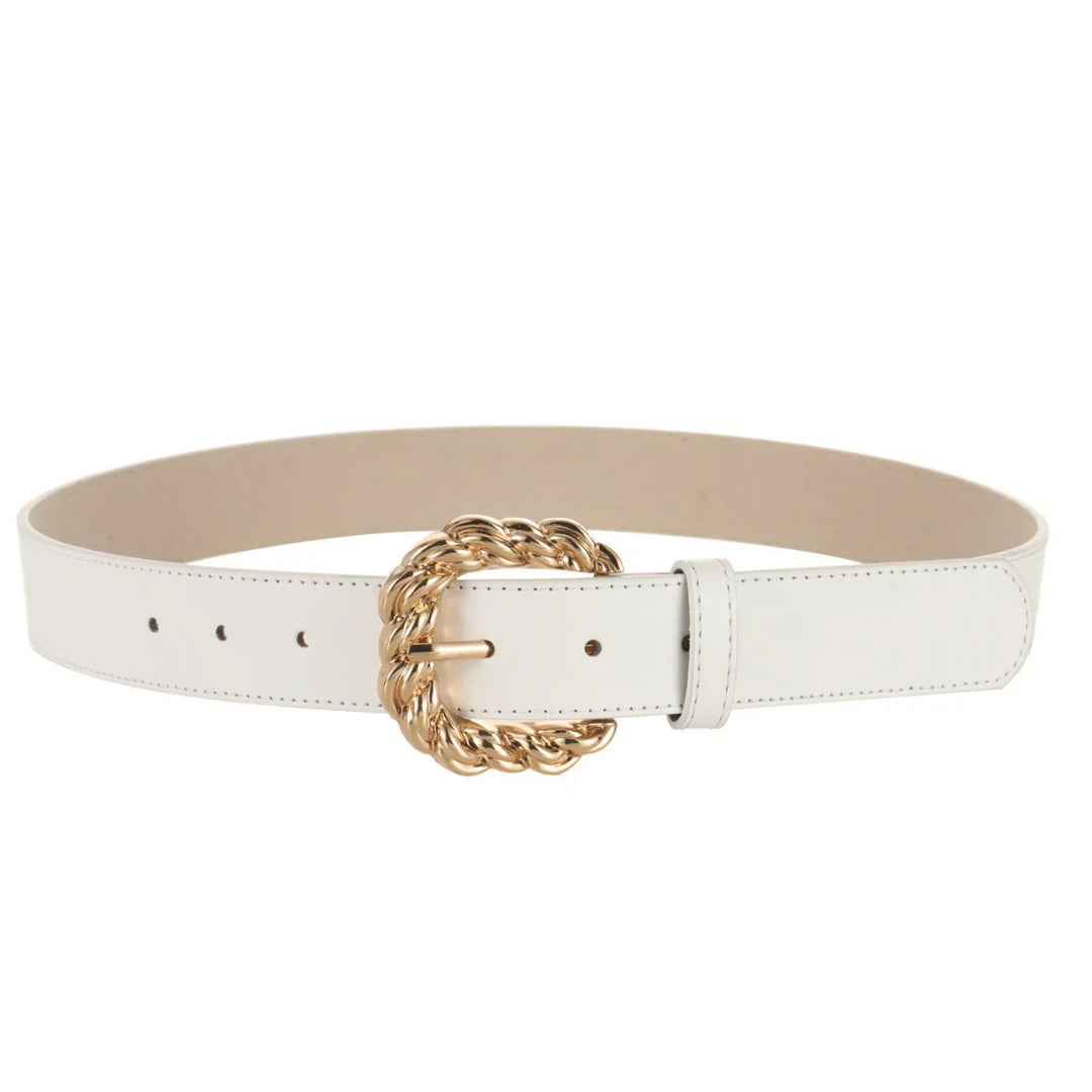 White leather belt with twisted gold metal buckle and stitched edges